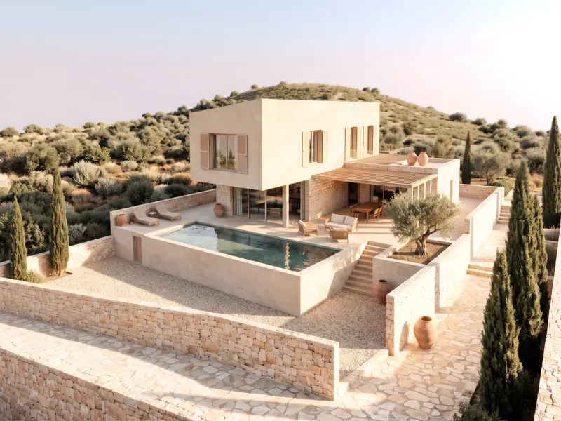 Ptičja perspektiva vile s bazenom i mediteranskim krajolikom